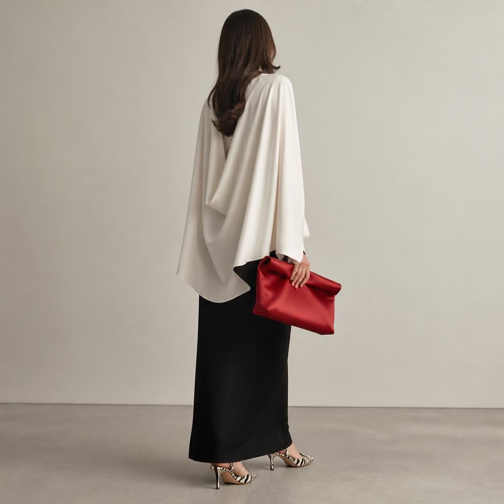 A generated Clueless look — draped ivory blouse with cape sleeves, floor-length black column skirt, red folded leather clutch and zebra-print slingback heels